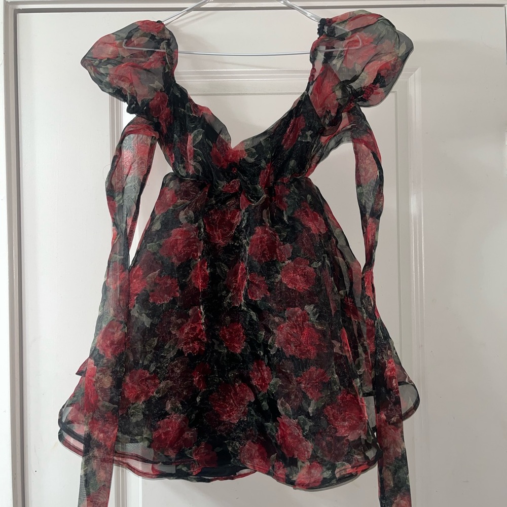 Red chiffon roses mini dress